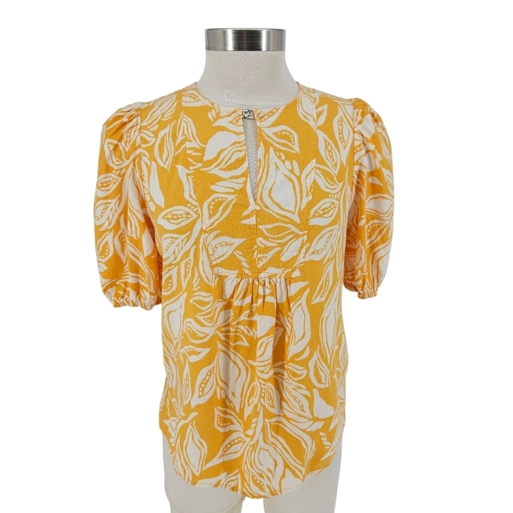 Panama Jack Shirt Linen Yellow Tropical Puff Short Sleeve Keyhole Neck Top Small